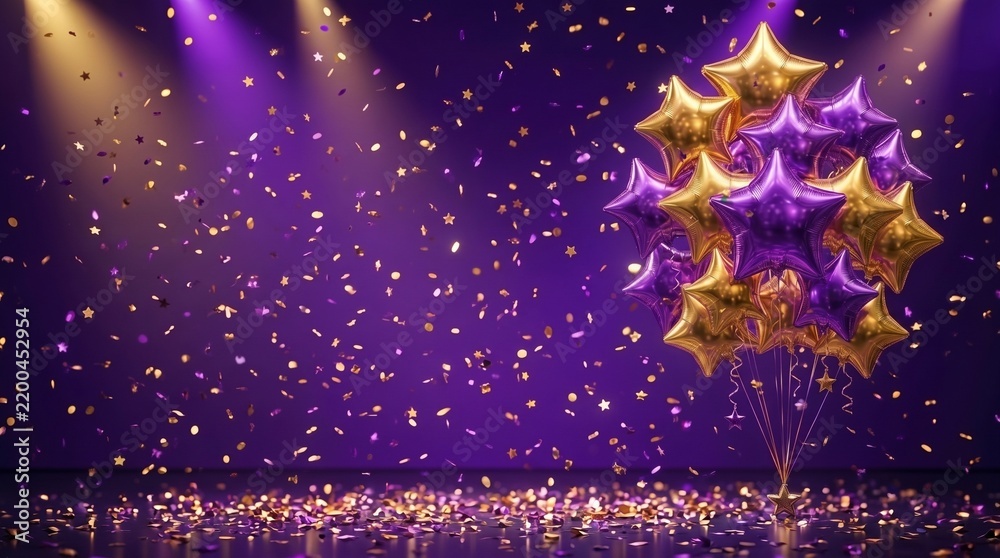 Obraz premium Celebration party banner background with purple and gold star foil balloons, celebration background template