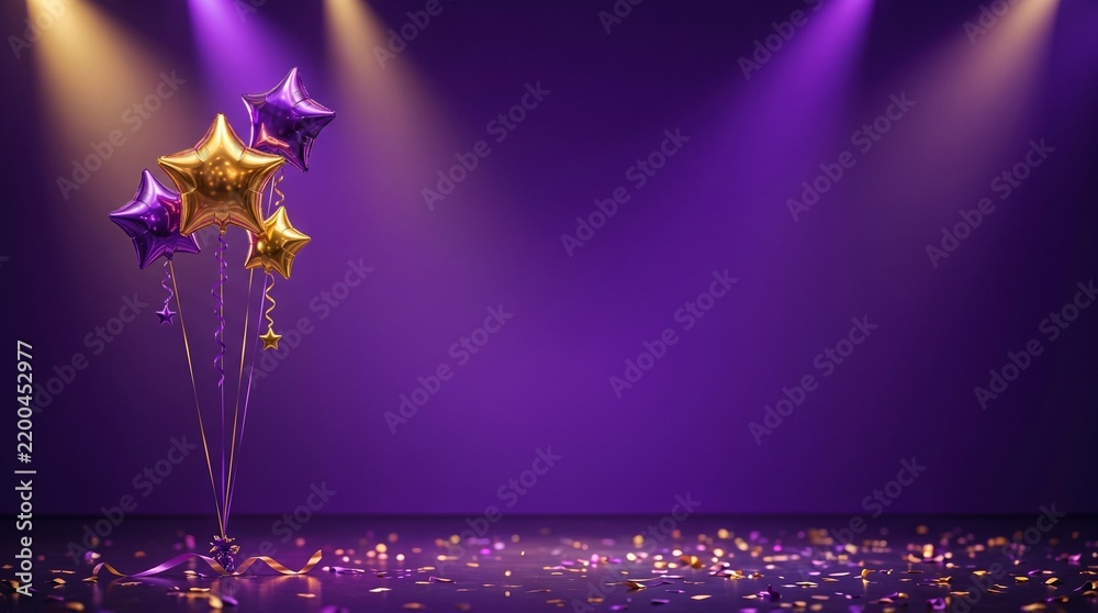 Obraz premium Celebration party banner background with purple and gold star foil balloons, celebration background template