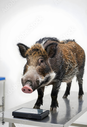 Veterinary care and wildlife conservation, wild boar standing on a medical examination table for health checkup and weight measurement in a clinic