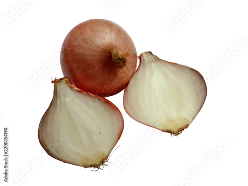 Fresh shallots arranged with one whole and two halves against a solid black background