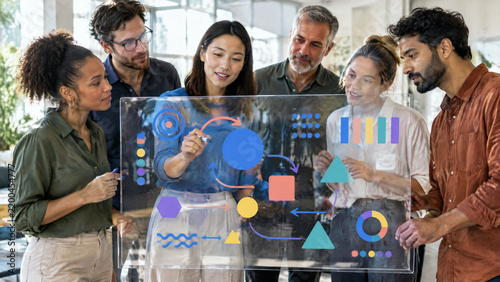 Diverse professional team collaborating on a project strategy using a transparent glass planning board