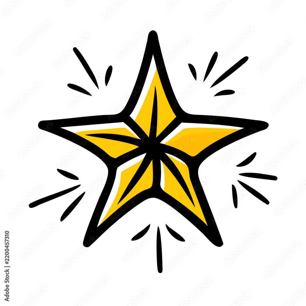 Fototapeta premium Shiny yellow star icon with hand drawn black outline details.