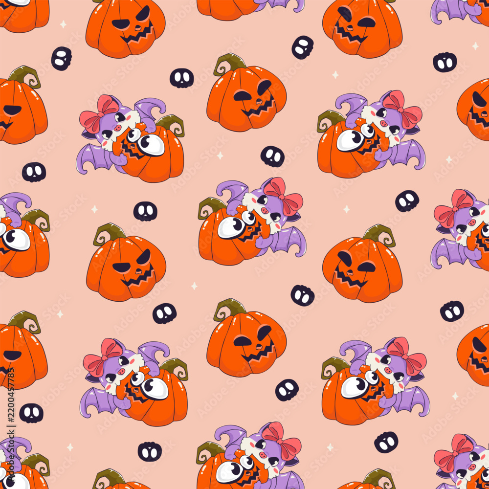 Obraz premium Halloween Seamless Pattern featuring cute purple bats, pumpkins, skulls and spooky autumn elements for festive backgrounds and textiles