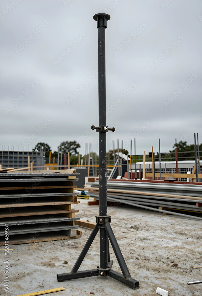 Obraz premium Construction support and structural stability, adjustable steel prop for building reinforcement and heavy load bearing on a development site