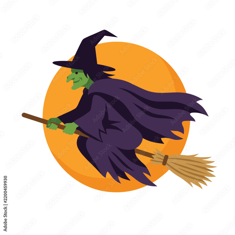 Fototapeta premium Witch flying on broomstick in front of full moon