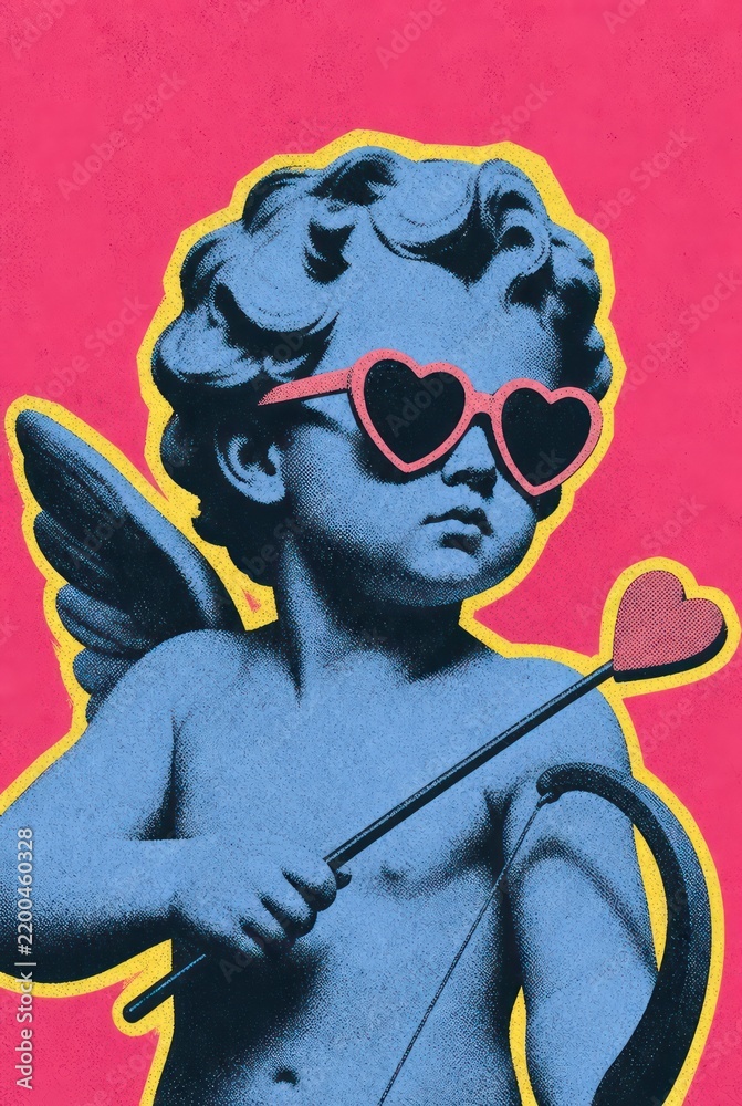 Fototapeta premium Pop art-style cherub with heart sunglasses and wand on pink background.
