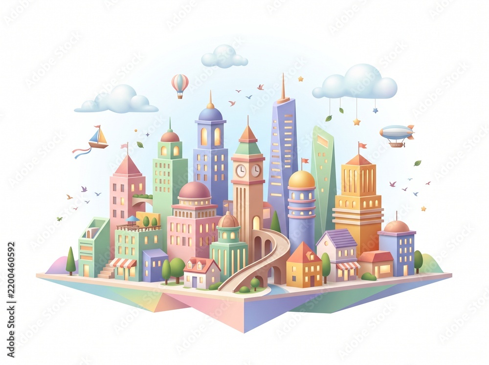 Obraz premium A colorful miniature city skyline with whimsical buildings and floating clouds on a white background with floating island with clock tower