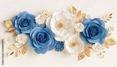 Paper flowers arrangement with blue roses and white blossoms on a light background. Decorative floral border frame made of crafted petal elements and golden leaves. Elegant botanical design for a wedd