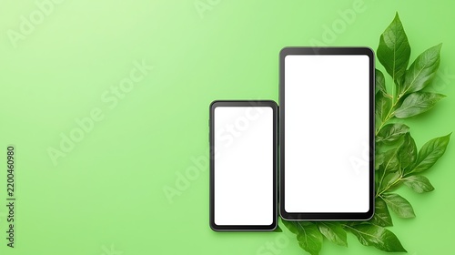 Mockup prototype preview two digital devices, a tablet and a phone, on a vibrant green background with fresh leaves. Perfect for showcasing innovative technology in natural settings.