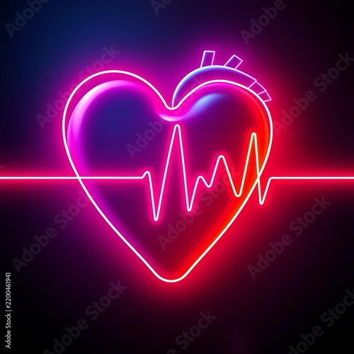 Vibrant neon heart with EKG pulse symbolizing health, love, and vitality in a modern design, vitality, pulse