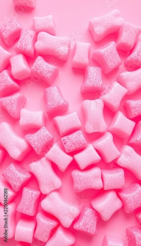 Fluffy pink gummy bears scattered on a soft pink background, bears, pattern