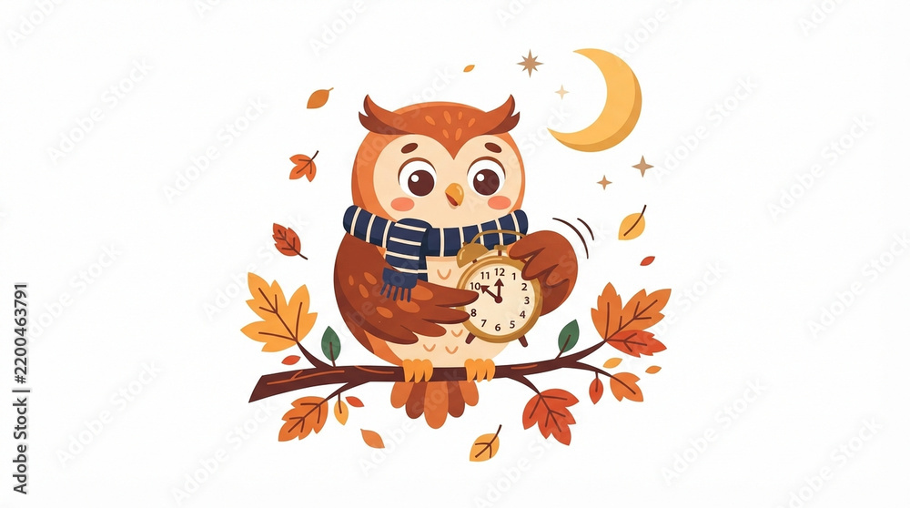 Obraz premium Cute cartoon owl wearing a scarf holding an alarm clock on an autumn branch isolated on white background