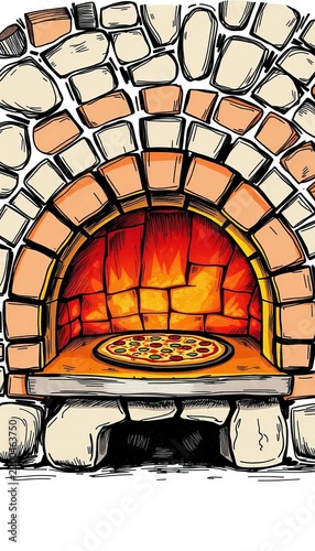 Hand-drawn illustration of a pizza oven with intricate details and textures, black and white, ||pizza