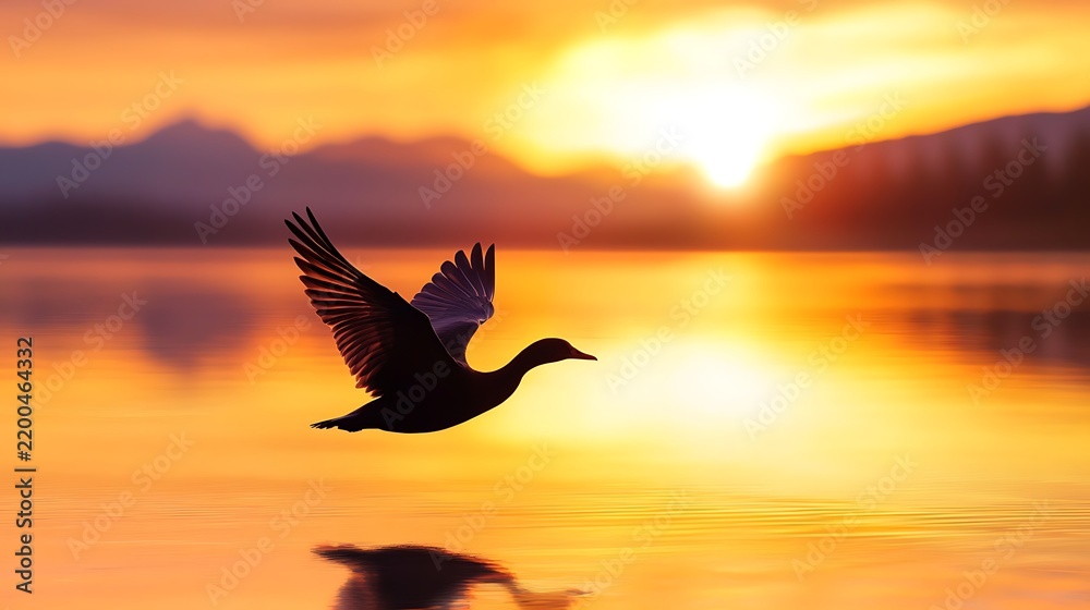 Fototapeta premium Graceful Bird in Flight Against Vibrant Sunset Background Upgrade Movement Evolution