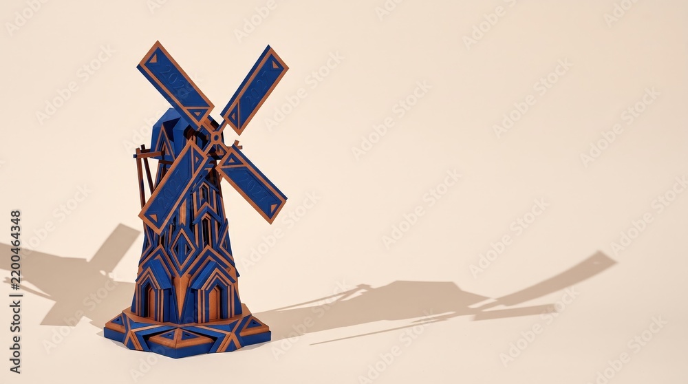 Obraz premium Colorful Wooden Windmill Model on a Plain Background with a Captivating Shadow Effect