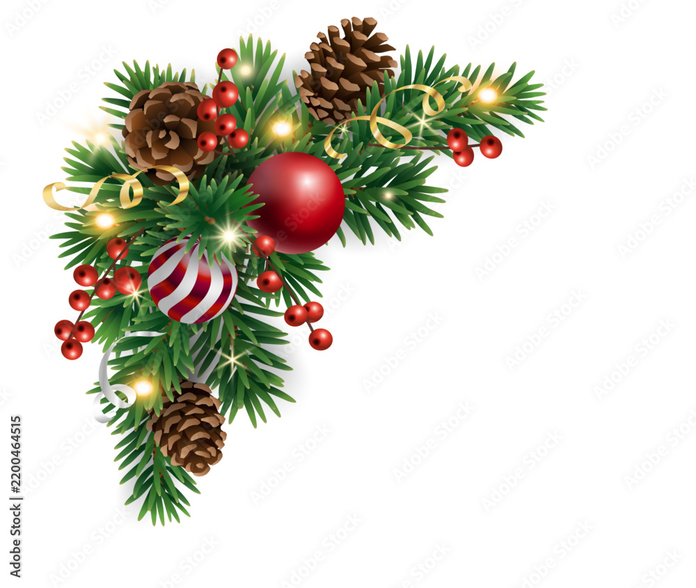 Obraz premium Beautiful christmas tree corner decoration with red and white swirl baubles, green fir branches, pine cones and glowing lights. Transparent background in vector file.