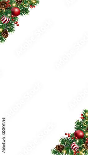 Vertical christmas tree branches frame template with opposite corner decorations, red and white striped ornaments and glowing lights. Transparent background in vector file.