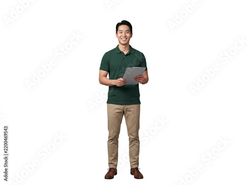 Full body portrait of a smiling Asian man holding clipboard