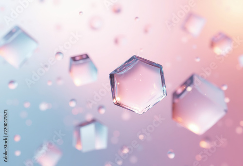 Transparent floating glass geometric shapes with soft pastel gradients, futuristic minimal luxury background, premium branding image