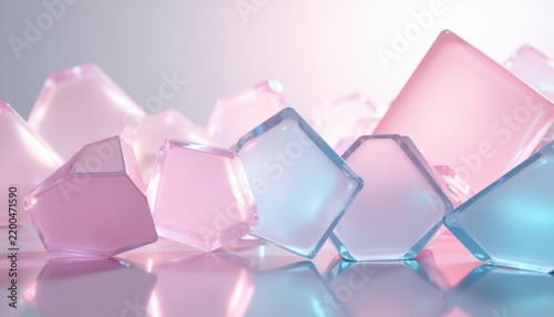 Transparent floating glass geometric shapes with soft pastel gradients, futuristic minimal luxury background, premium branding image