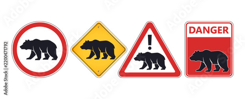 Vector set of information and warning signs. Wild danger animal. Black silhouette of grizzly bear. Circle, triangle, rhombus and rectangle. Collection of road signs. Isolated background