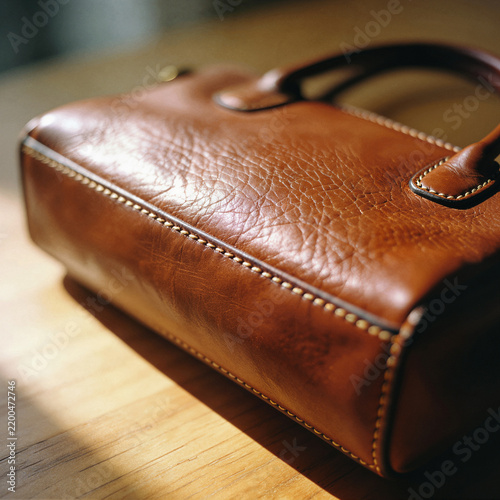Cognac brown leather briefcase with contrast cream stitching on a light wood surface