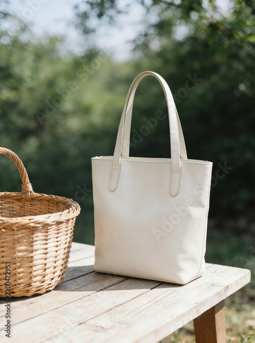 Cream leather tote bag beside a woven wicker basket on a weathered wooden bench
