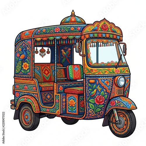 Pakistani Truck Art Auto Rickshaw Clipart with Floral and Peacock Decoration, Bright Multicolor Folk Style