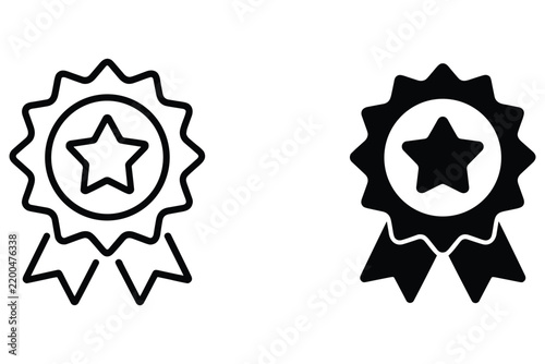 Award ribbon medal with star icon in outline and solid styles for achievement and quality badge