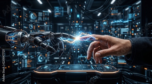 Human Hand Touching Robot Finger with Electric Spark