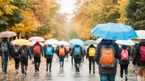 People with colorful umbrellas and backpacks walking on a rainy autumn park path