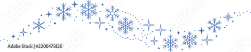 Blue snowflake border divider vector, decorative winter snow trail graphic, elegant Christmas sparkles flourish element, holiday frame design accent