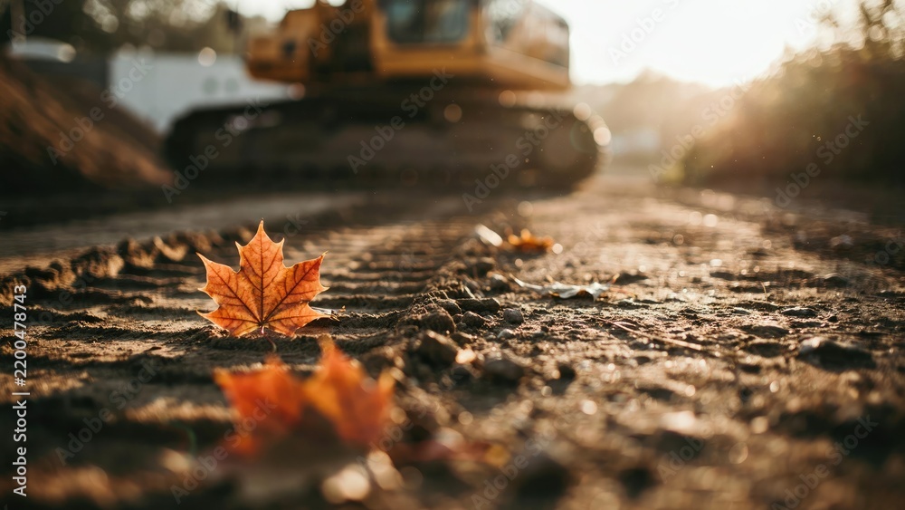 Obraz premium Fallen maple leaves on muddy construction site with excavator tracks