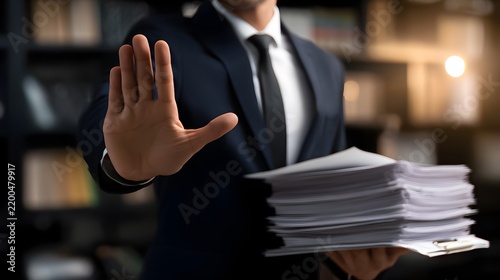 Business professional holds papers while signaling to stop in an office setting during daytime