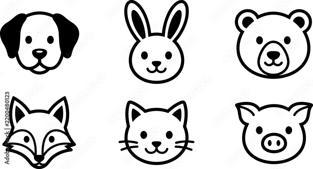 Fototapeta premium Set of cute animal faces icons including dog, rabbit, bear, fox, cat, and pig