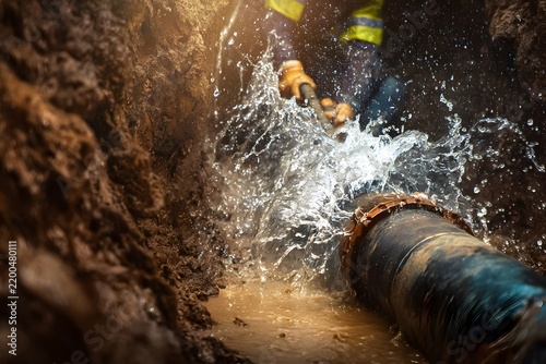 Workers repair a broken water pipe in a trench while water sprays around the site during daytime