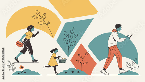 People walking in a stylized nature park setting