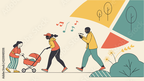 Family walking in the park with a baby stroller