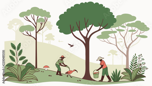 Farmers Harvesting Organic Produce in a Lush Sustainable Farm Illustration