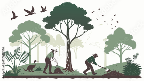 People Planting Trees in a Sustainable Forest Illustration
