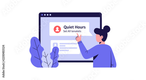 Flat Illustration of Woman Using Productivity App Interface to Set Quiet Hours for Tenant Management