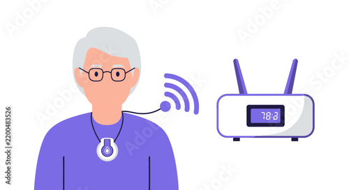 Elderly Man Using Remote Health Monitoring Wearable Pendant with Wireless Receiver Hub Illustration