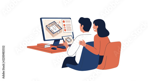 Couple Planning Home Interior Design and Renovation with 3D Architectural Floor Plan on Computer and Tablet