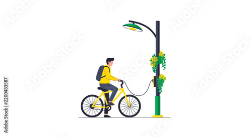Man Charging Electric Bicycle at a Smart City Sustainable Charging Station Street Lamp Illustration. Flat Vector Concept of Eco-Friendly Urban Mobility and Green Energy.