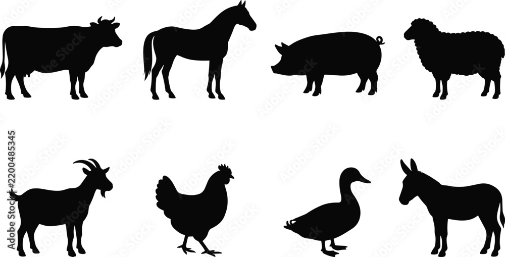 Fototapeta premium Farm Animal Silhouette Collection with Cow Horse Pig Sheep Goat Chicken Duck and Donkey