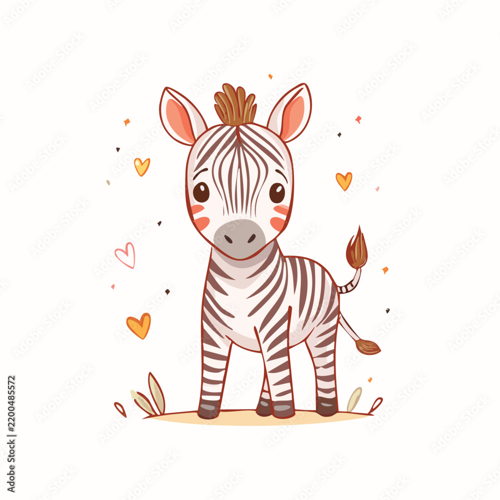Fototapeta premium Cute cartoon baby zebra with black and white stripes surrounded by colorful hearts on isolated white background