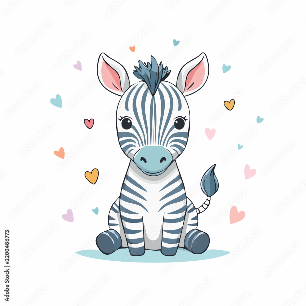 Fototapeta premium Cute cartoon baby zebra sitting surrounded by colorful floating hearts on a clean isolated white background