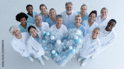 Diverse Volunteers and Healthcare Professionals Around Heart-Shaped Supply Arrangement — Humanitarian Campaign Portrait

