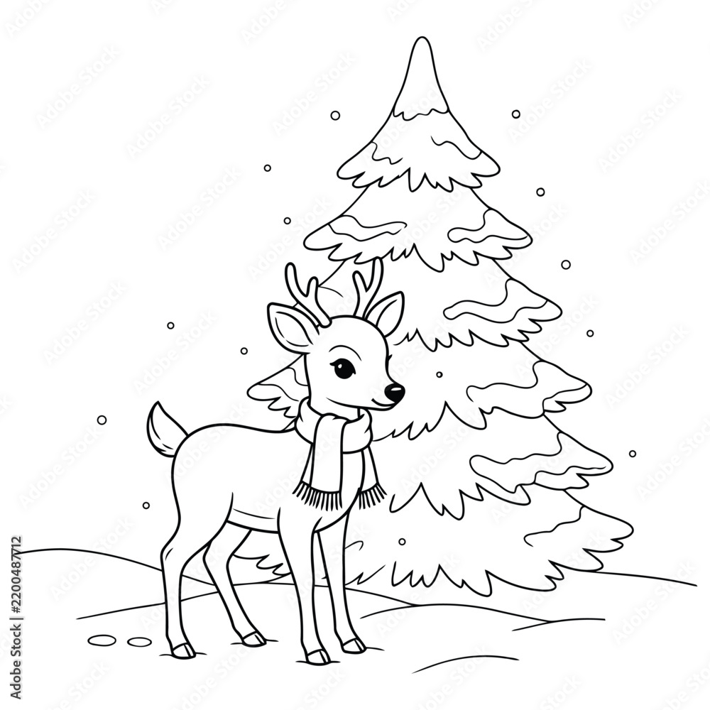 Naklejka premium Cute Christmas reindeer with scarf standing in snow near a decorated pine tree