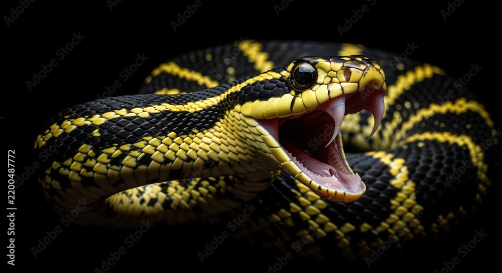 Obraz premium A striking yellow and black patterned snake with its mouth wide open in an aggressive display. The reptile shows detailed scales and fangs, captured in dramatic lighting against a dark background.